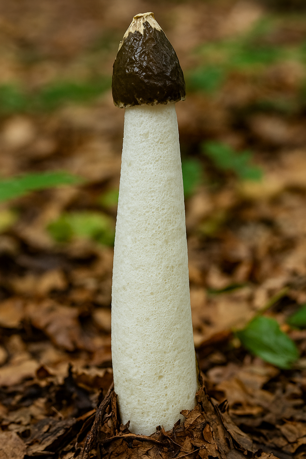 Гриб веселка у лісі — Phallus impudicus з білою ніжкою та темною шапкою